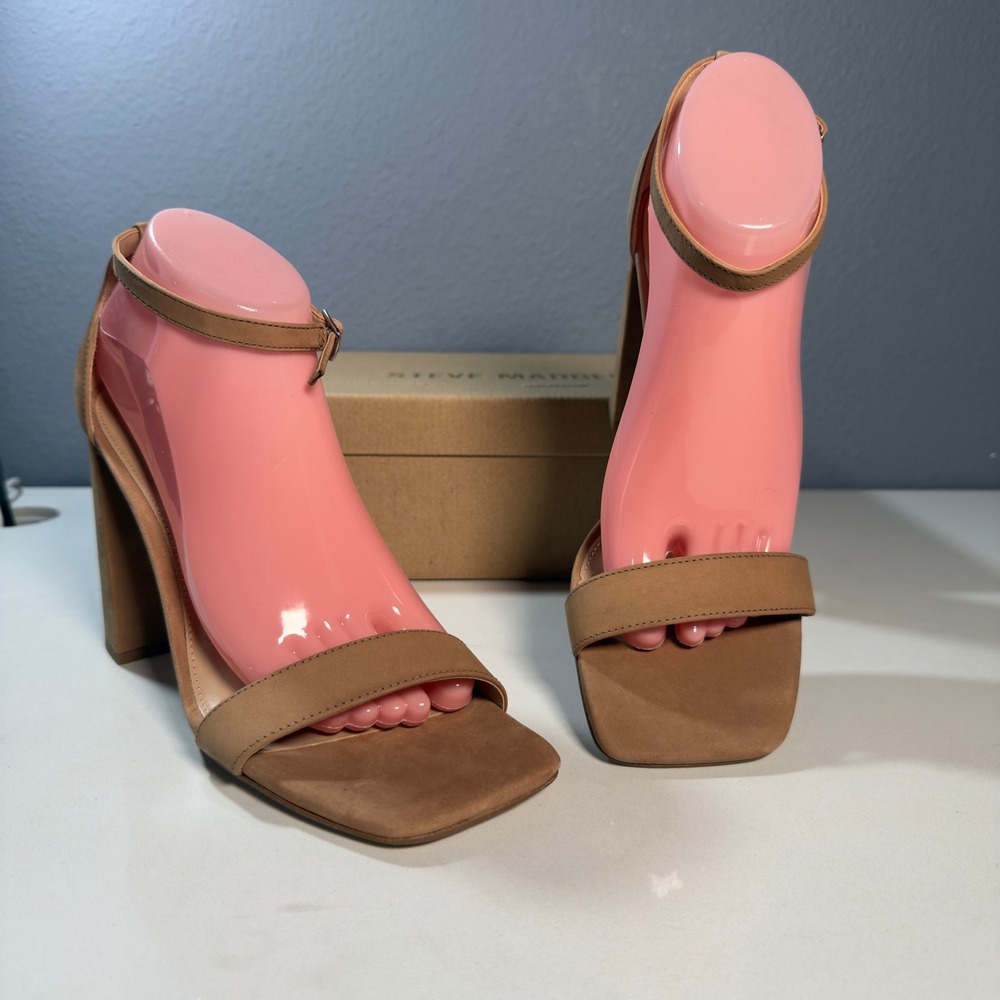Steve Madden Tiaa Sandals Women 9.5 Camel New Block Heel Square Toe TIAA01S1 - Picture 4 of 12